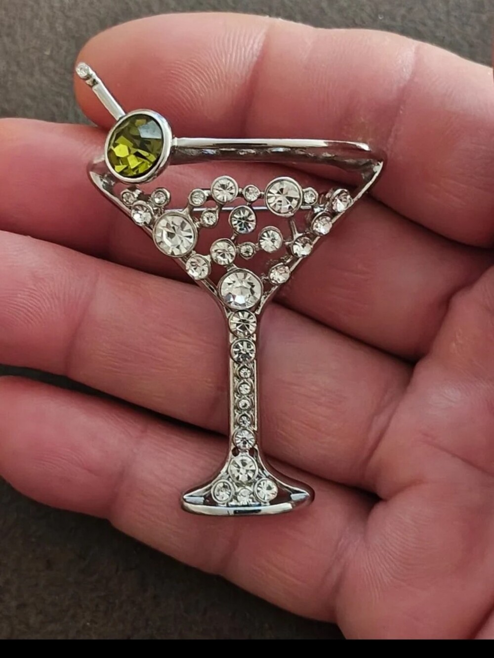 Chico's Silver Tone With Peridot Green Rhinestone Martini Glass Brooch